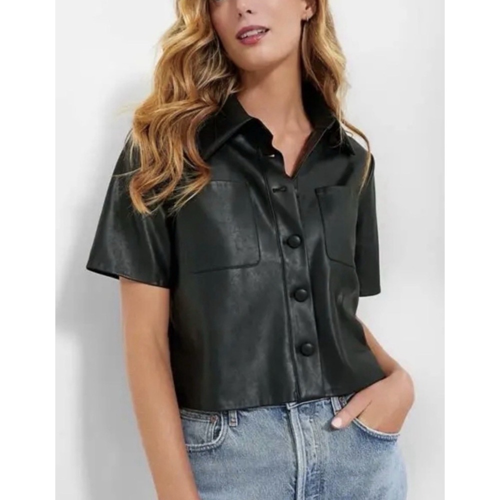 NWT Pomander Place Black Faux Leather Audrina Short Sleeve Button Down Top XXL
